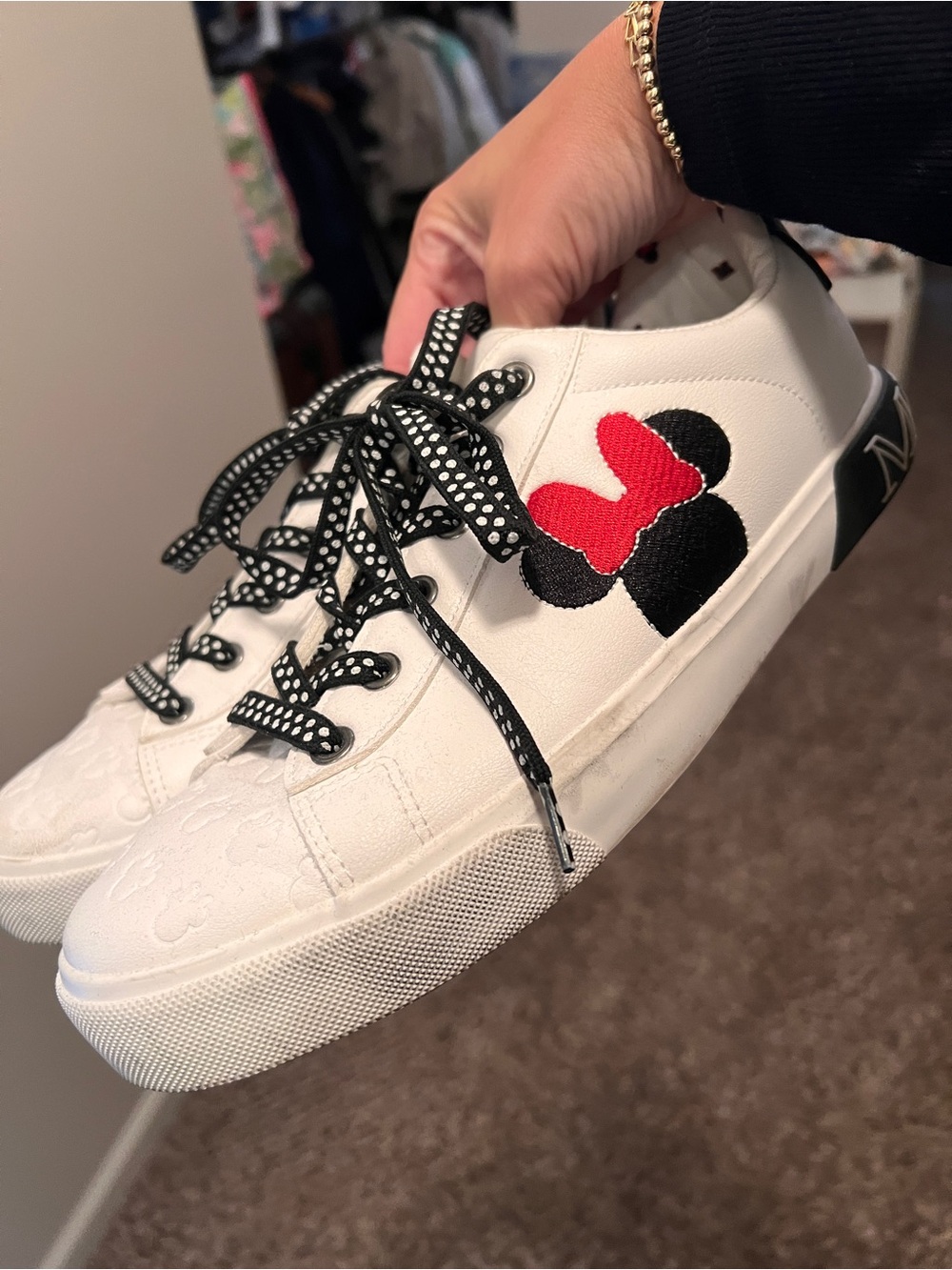 Women’s White Sneakers with Black & Red Embroidered Accent Minnie